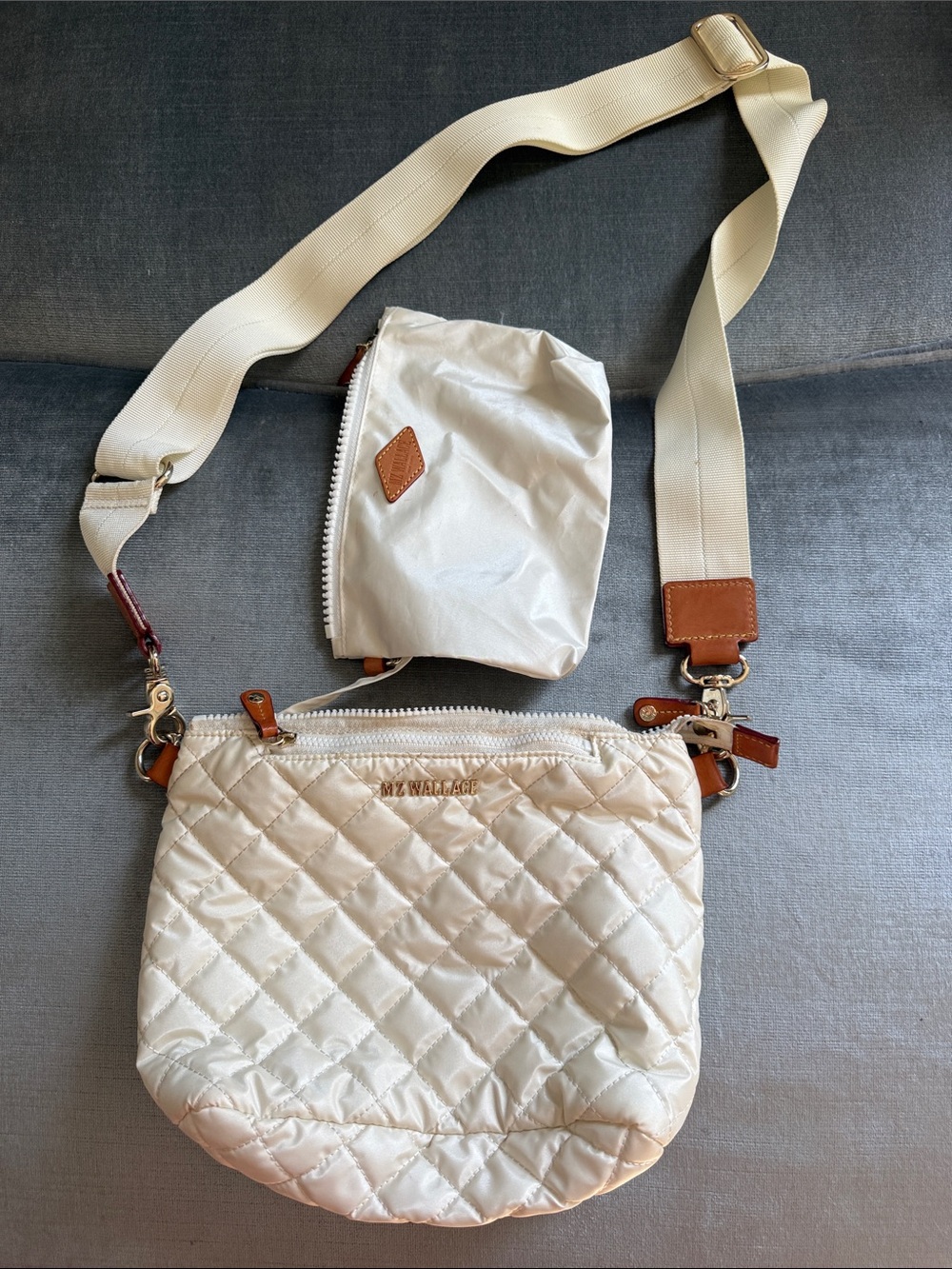 MZ Wallace Quilted Crossbody Pouch in Cream with Tan Accents